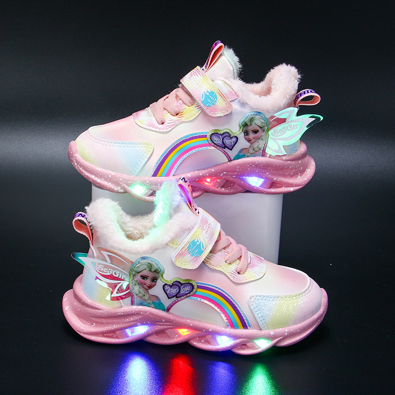 Cartoon LED casual sports shoes pink purple girls ice and snow Elsa princess printed outdoor shoes children's lightweight anti slip shoes