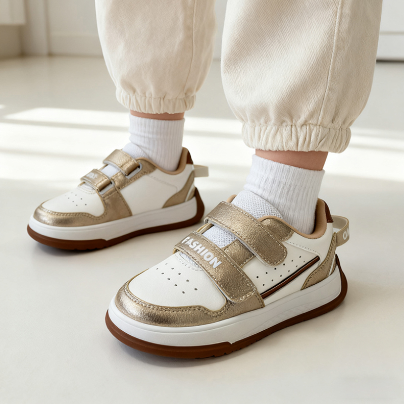 Casual Shoes Children's Stylish Low - Top Casual Shoes - White & Gold Colorblock Design, Easy - On Velcro Closure