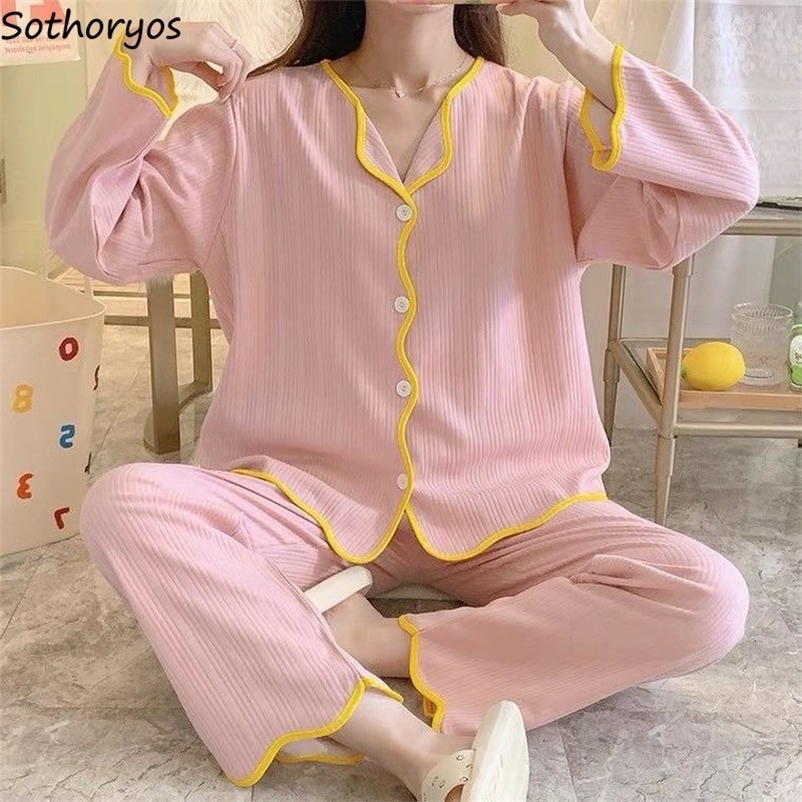 Women's Sleepwear Pajama Sets Women Basic Stylish Comfortable Sweet Wavy-cut Lacework Single Breasted Cotton Loose Pajamas Sleepwear Long Sleeve 