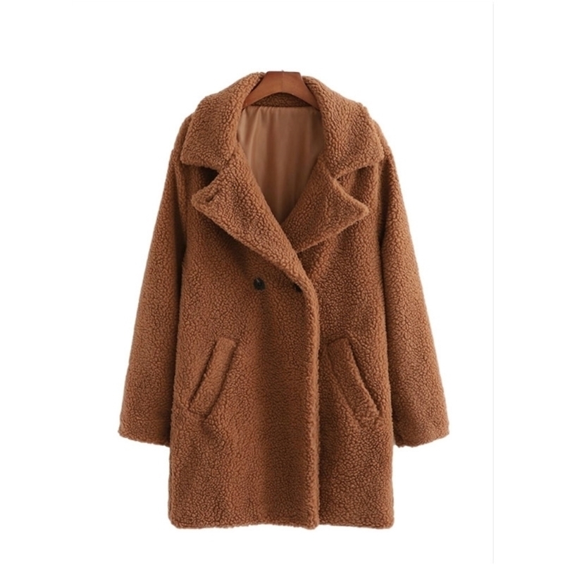 PUWD Casual Woman Oversized Brown Lambswoo Coat Fashion Ladies Winter Loose Warm Outerwear Female Chic Thick Pocket Jackets 210524