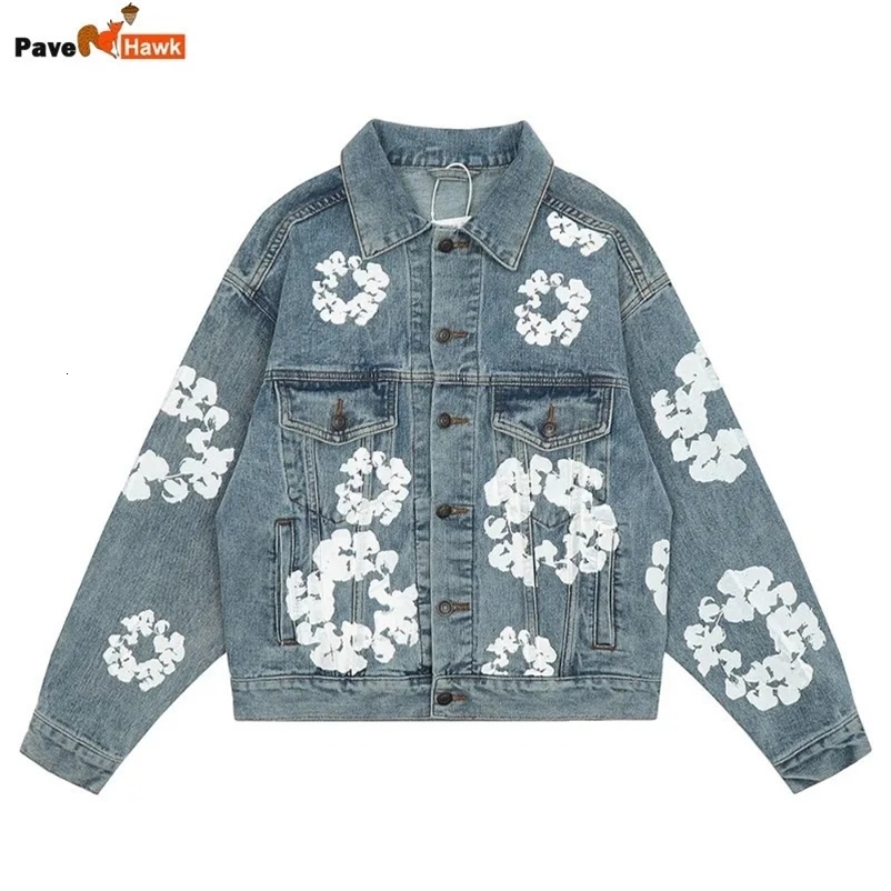 High Street Kapok Print Denim Jacket Men Hip Hop Y2k Jeans Coat Unisex Casual Loose Retro American Style Cowboy Outwear Women 240319