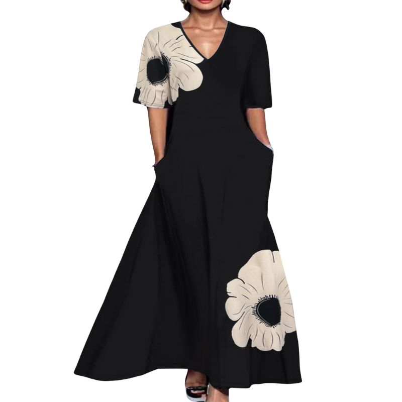 Women's Plus Size V-Neck Short Sleeve Floral Print Maxi Dress - Black Milk Silk Casual Daily Commute Dress-YL25298
