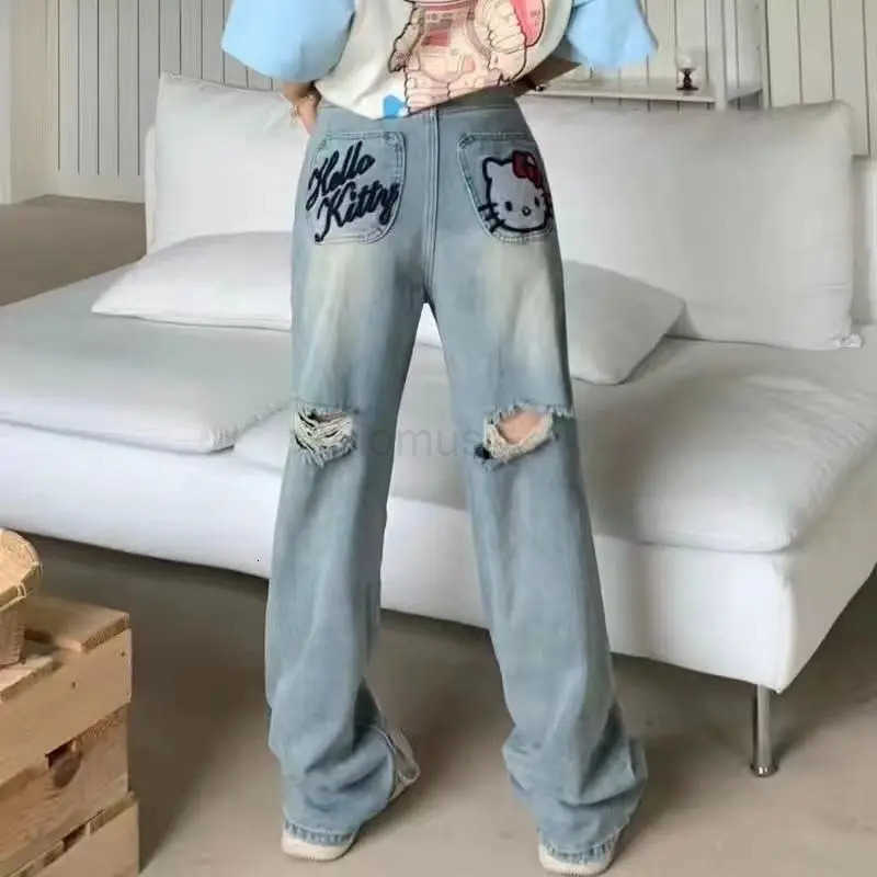 Sanrio Anime Kawaii Hello Kitty Vintage Ripped Jeans Children High Waist Design Niche Embroidery Straight Loose Wide Leg Pants L250925