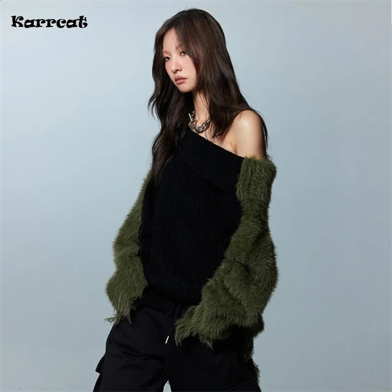 Karrcat Grunge Aesthetics Distressed Sweater Vintage Off Shoulder Knitted Pullover Korean Fashion Irregular Patchwork Knitwear 240911