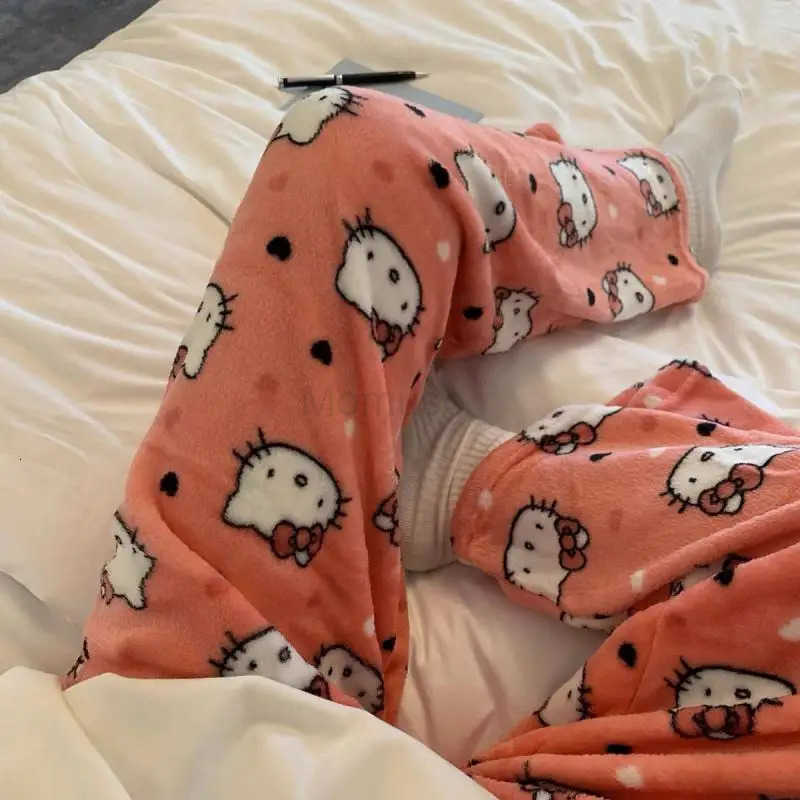 Sanrio Kawaii Hello Kitty Flannel Pajama Pants Girls Pants Autumn and Winter Coral Velvet Thickened Plus Velvet Warm Casual Home Pants L250925