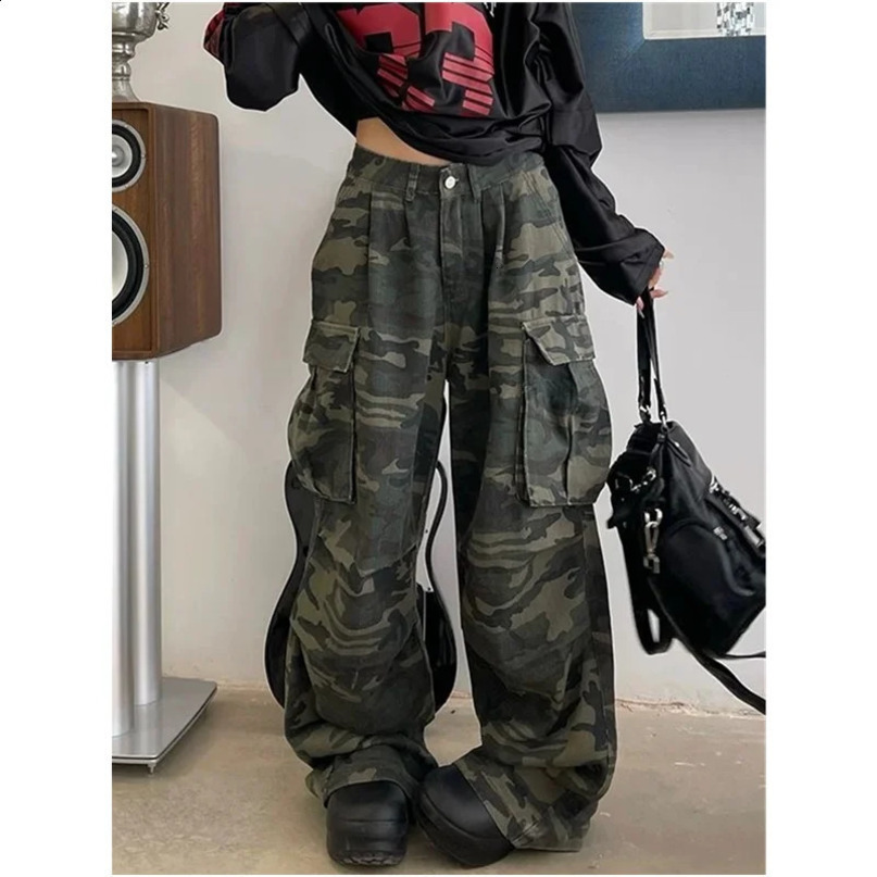 Military green womens jeans high waisted retro straight pocket Y2K denim pants hiphop American fashion wide leg Trouser 240822