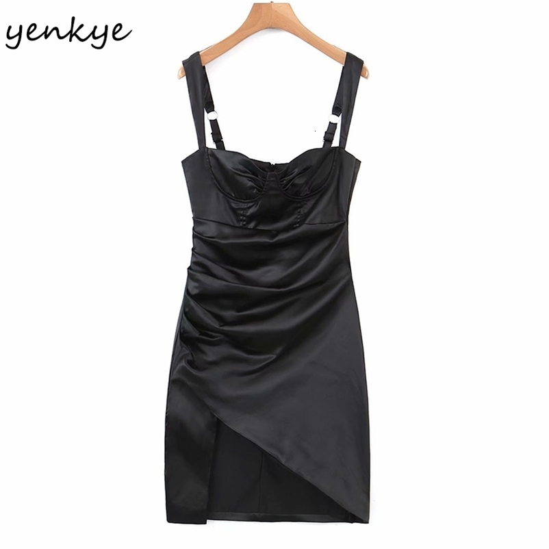 YENKYE Romantic Women Side Slits Club Party Sexy Dress Female Draped Asymmetric Slim Robe Summer Night Out Vestido 210515