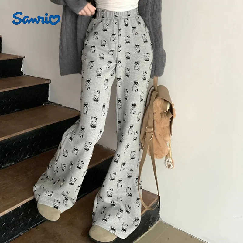 Sanrio Grey Hello Kitty Cartoon Printed Casual Pants For Women High Waisted Walking Trousers Slim Fit Straight Leg Micro Flared Pants L250925