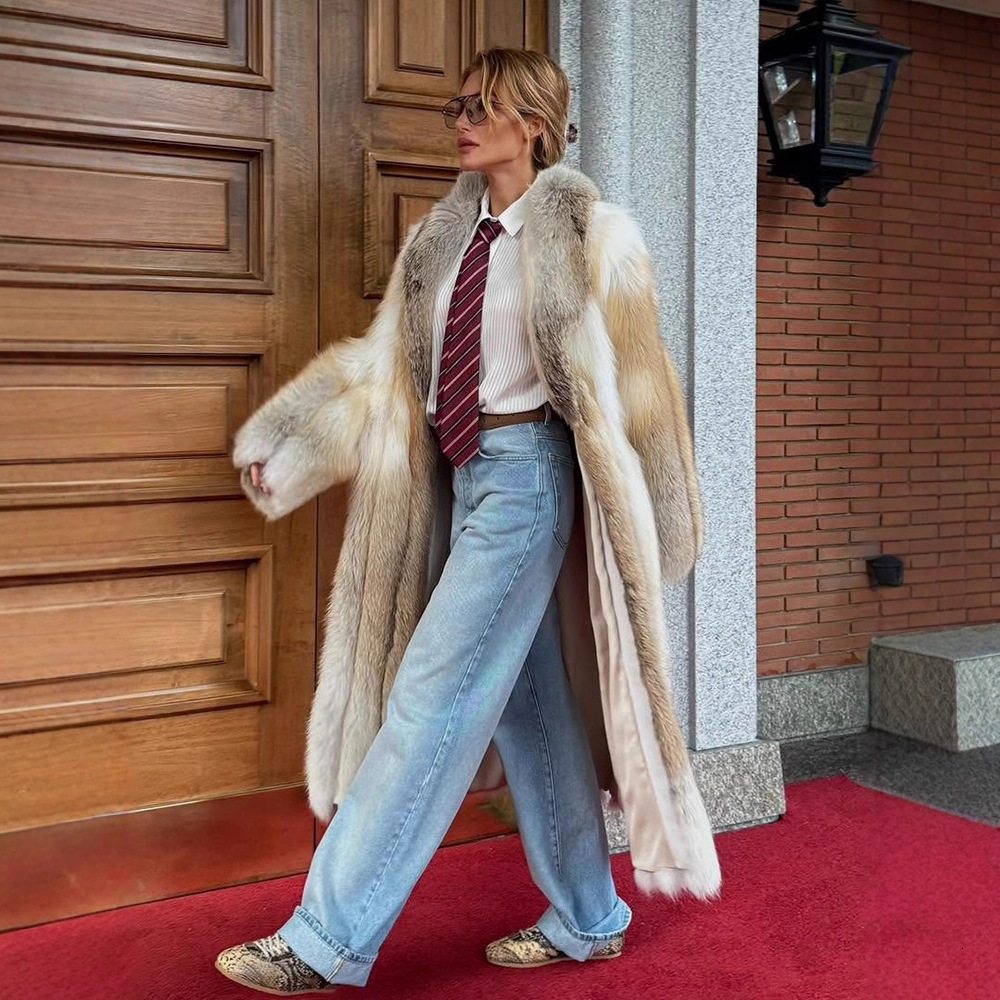 Elegant and Fashionable Gradient Mixed Color Long Fur Coat Autumn Winter Style 250924