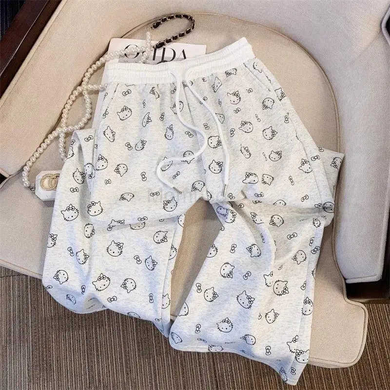 Sanrio Hello Kittys Print Loose Casual Wide Leg Pants Women Summer Fashion Straight Tube Lazy Leisure Comfortable Trousers L250925