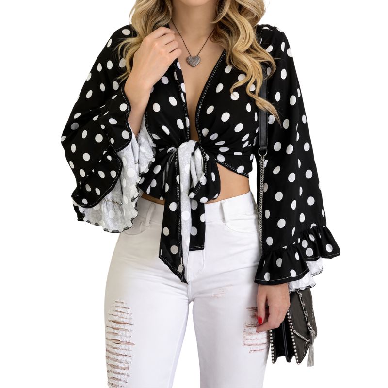 Women's Early Autumn Sweet Polka Dot Print Blouse, Ruffle Sleeve Tie - Front Casual Versatile Milk Silk Top-CF52701
