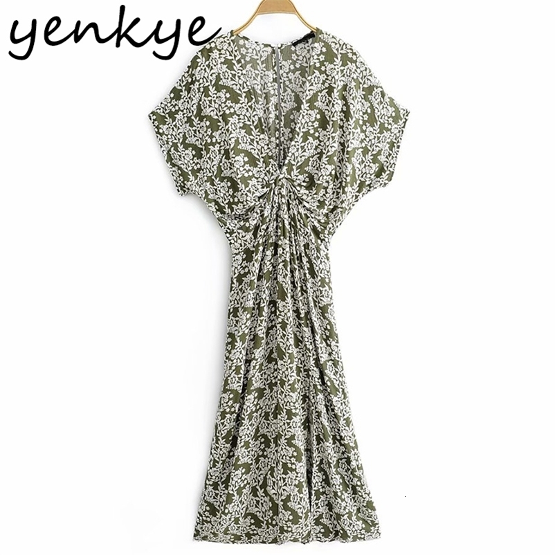 YENKYE Vintage Floral Print Holiday Summer Boho Dress Women Deep V Neck Batwing Sleeve Sexy Slits A-line Long Maxi Dress Robe 210515