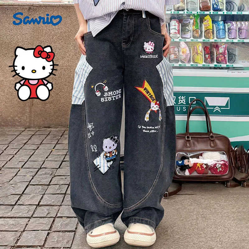 Sanrio Cartoon Hello Kittys Embroidery Jeans Y2K Womens Version Streetwear Jeans Fashion Printing Retro Wide Leg Pants Girls L250925