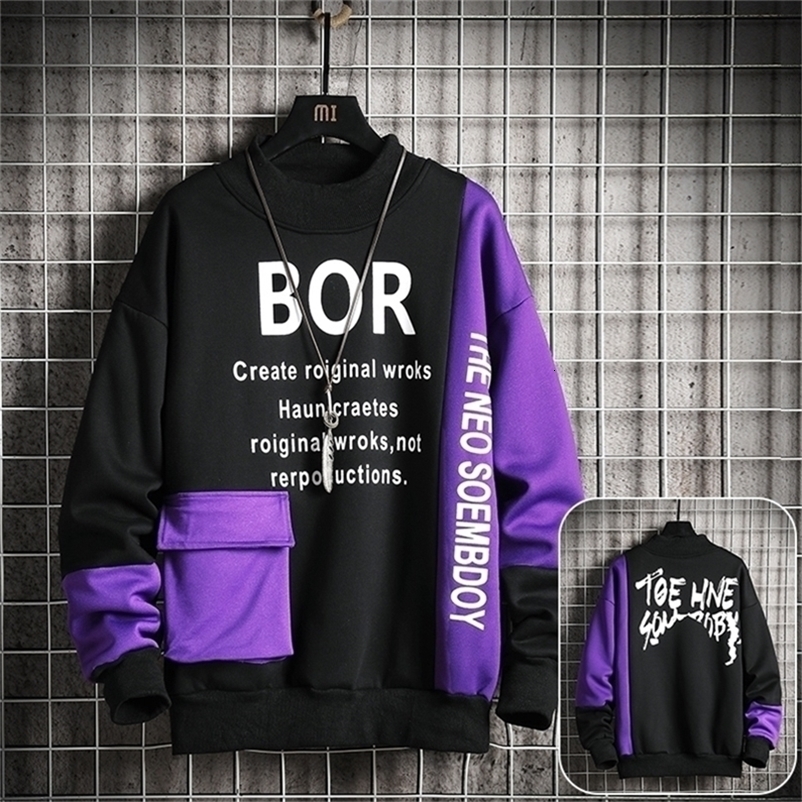 Casual Sweatshirt Men Streetwear Hoodies Letter Printing Mens Patchwork Sweatshirts Male O-Neck Top Pullover Tracksuit 201128