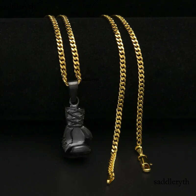 Mens Hip Hop Necklace Jewelry Stainless Steel Black Boxing Gloves Pendant Necklaces With 3mm*60cm Gold Cuban Chain 4a 04 60