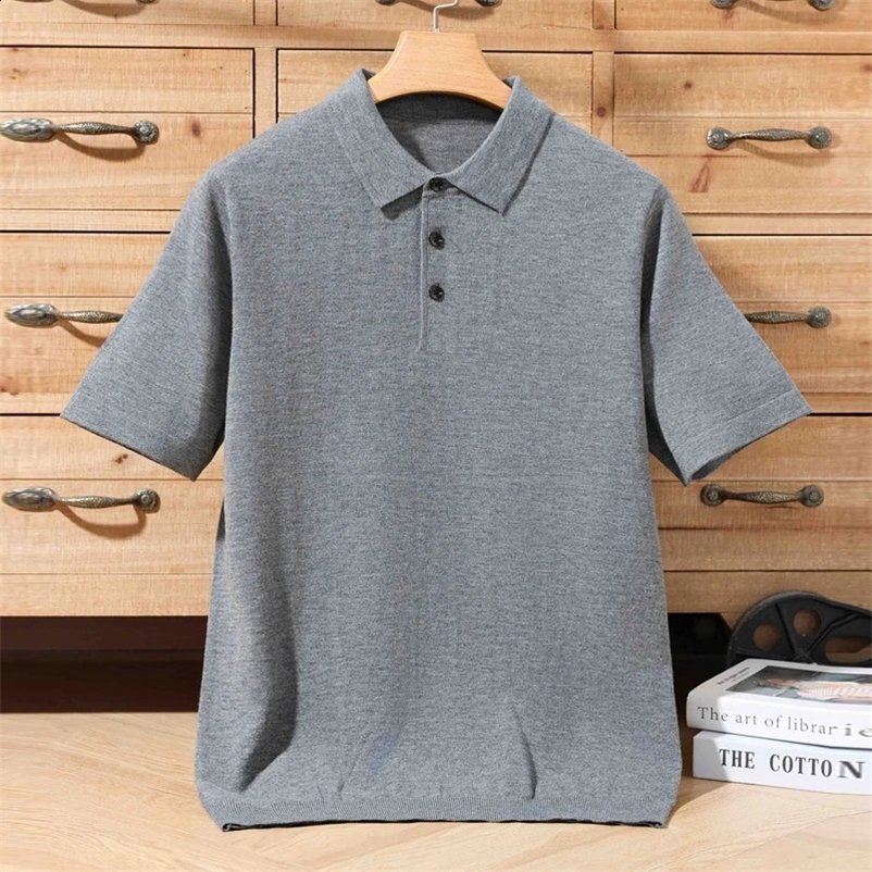 100% Merino summer sweater mens lapel short sleeved POLO collar sweater loose knit top plus size T-shirt 241203