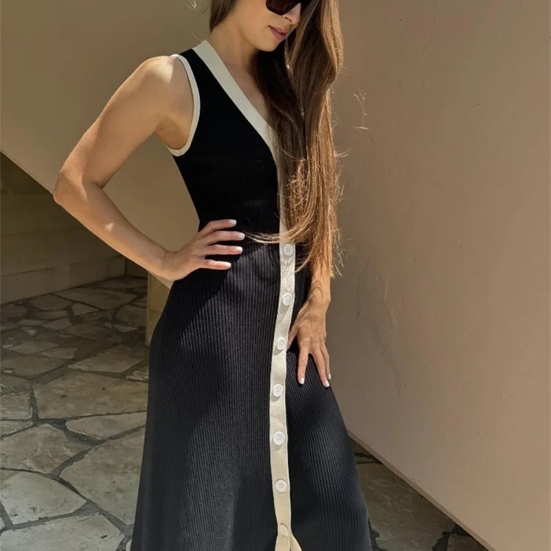 Elegant V-neck Knitted Maxi Dress for Women Sexy Sleeveless Single Breasted Slim Party Dresses Summer Lady Casual Dress 240703