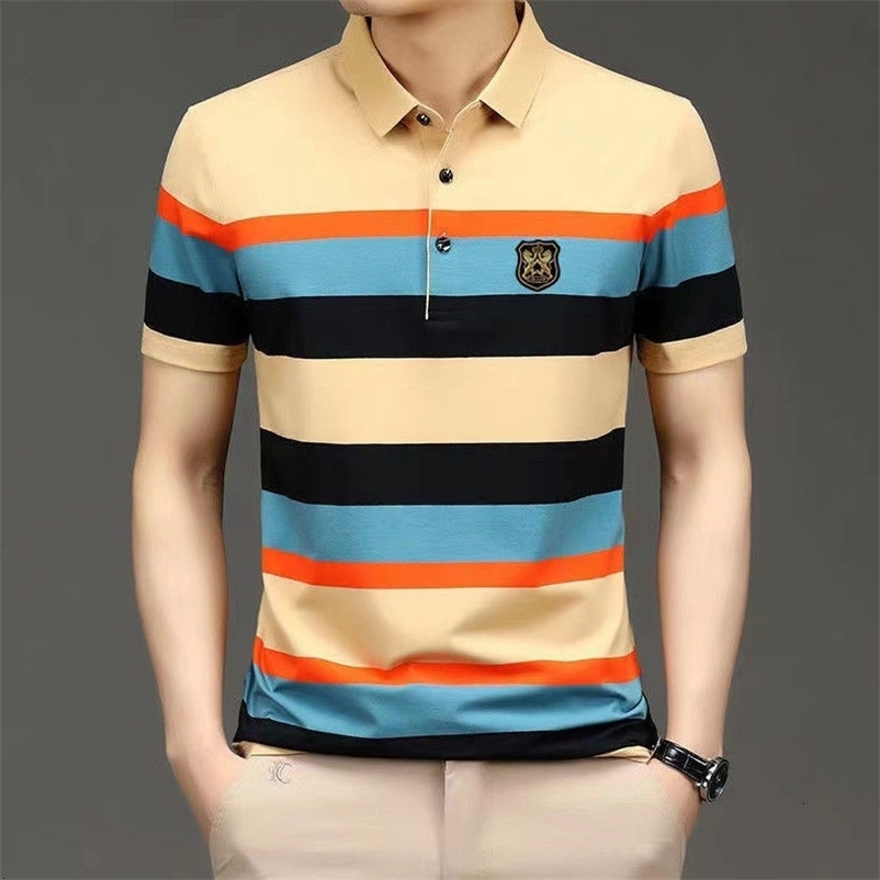 Men's T-Shirts Short Sleeve T-shirt Polo Shirt Men's Summer Stripe Lapel Slim Casual Versatile Tees Clothes Fashion Embroidery Pullover 2303