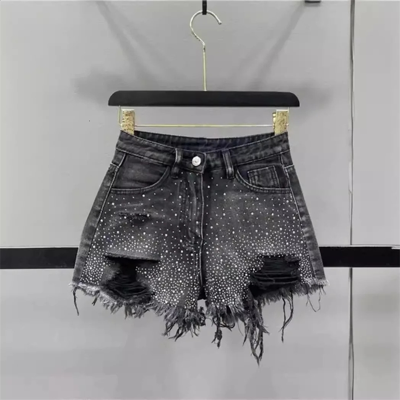 Womens 2025 Summer High Waist Diamond Denim Shorts with Broken Holes and Wide Legs Pants Jean Shorts 250118
