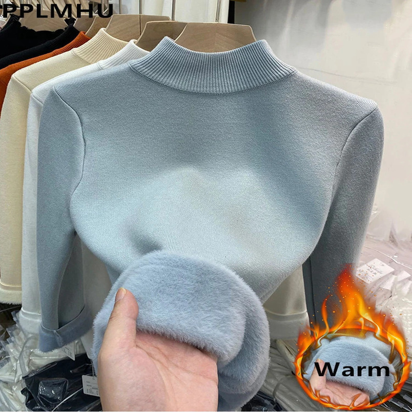 Half neck sweater winter ultra-thin thick knitted jumper womens soft knitted pull-out casual plush lining warm Maltese top 241113