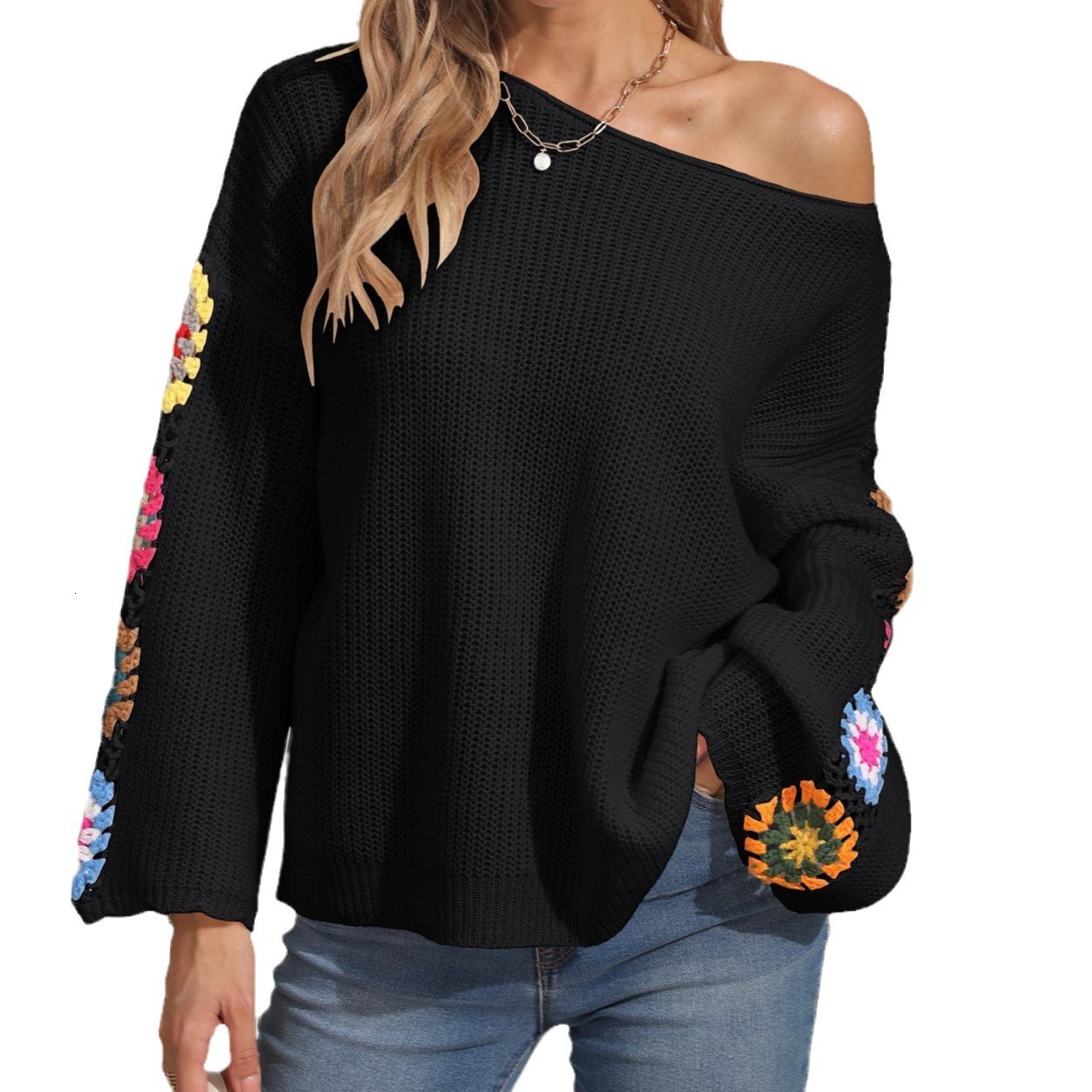 Pullover Autumn Winter Women's Off-Shoulder Loose Top Random Mixed Color Crochet Sweater