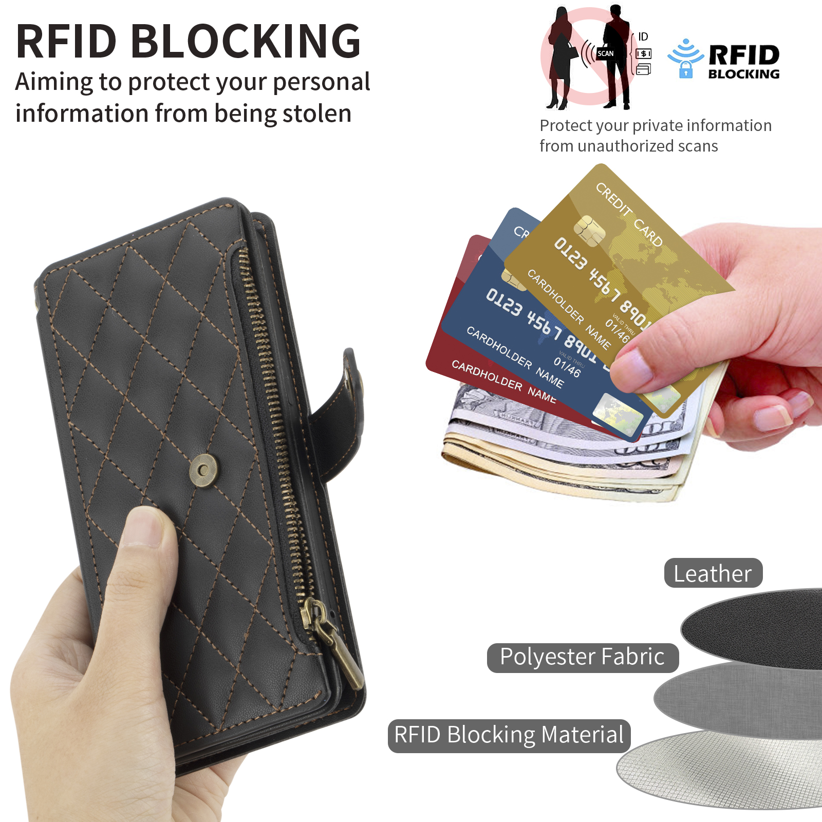 Quilted Leather Wallet Phone Case with Card Slots, Zipper & Wrist Strap, Protective Flip Cover for Mobile Phones