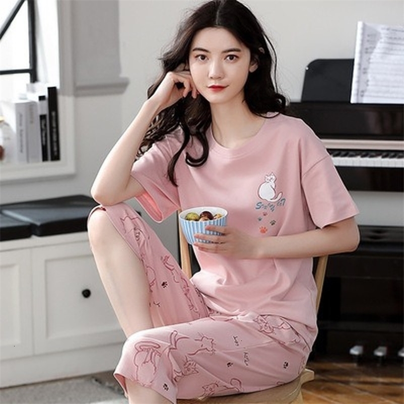 Women's Sleepwear Large Size Pajamas Ladies Summer Short Sleeve Thin Cartoon Round Neck Cotton Homewear Suit 230418