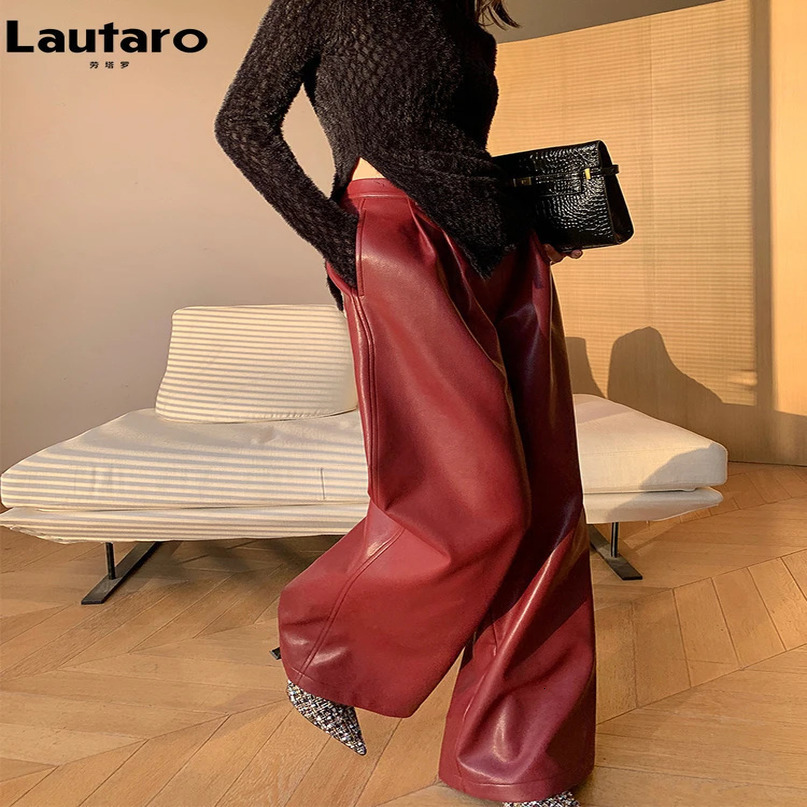 Lautaro Spring Autumn Loose Casual Soft Black Burgundy Pu Leather Wide Leg Pants for Women High Waist Korean Style Fashion 240704