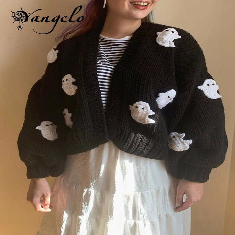 Yangelo Gothic Halloween Ghost Embroidered Loose Sweater Womens Autumn Warm Kavay Long Sleeve Open Knitted Wool 240826