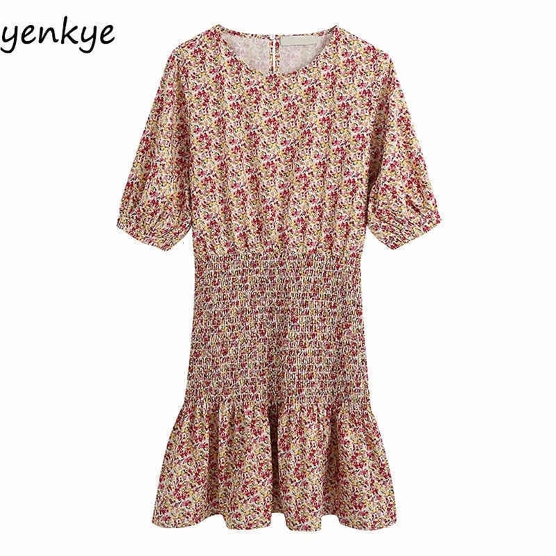 Floral Print Elastic Dress Women Round Neck Short Sleeve Hem Ruffle Mini Summer Casual Dresses robe femme BBWM2213 210515