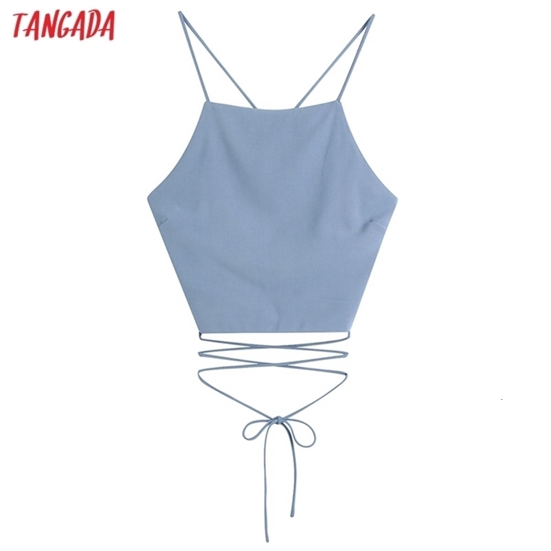 Tangada Women Blue Camis Crop Top Spaghetti Strap Sleeveless Backless Blouses Shirts Female Sexy Solid Tops CE143 210625