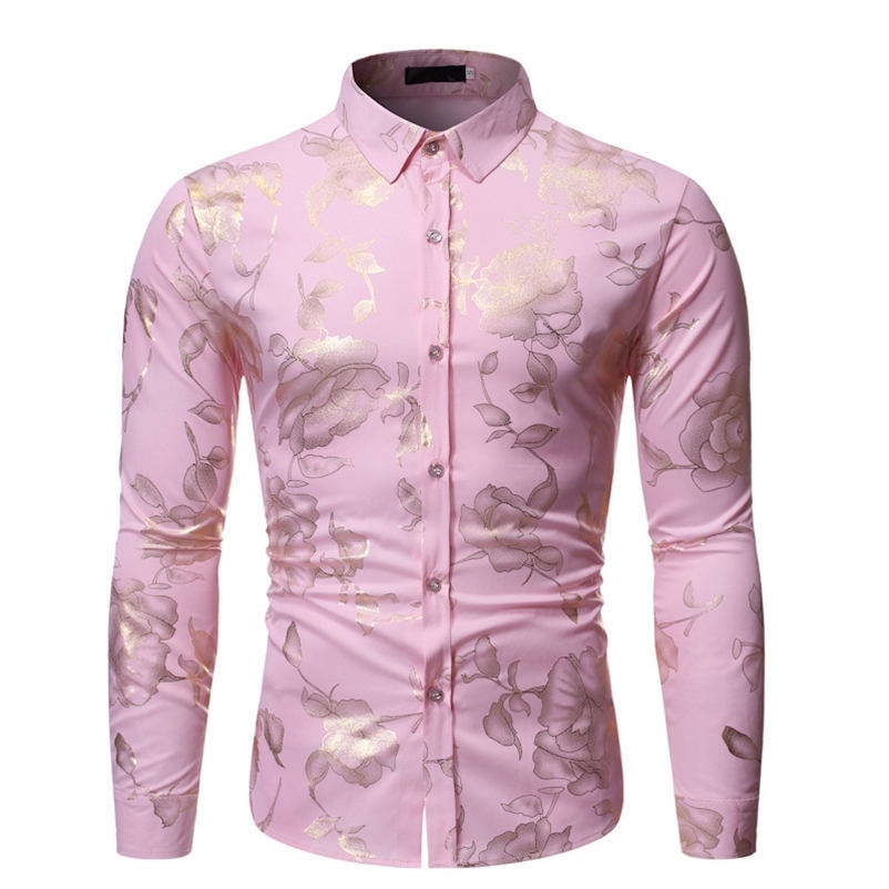 Men's Casual Shirts Pink Bronzing Floral Shirt Men Camisa Masculina Fashion Slim Fit Long Sleeve Mens Dress Shirts Business Casual Men Shirt 2305