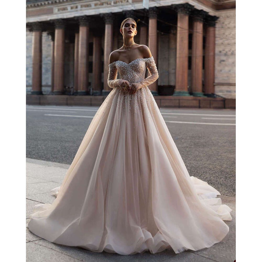 Vintage Long Sleeve Wedding Gowns Off Shoulder Pearls Bridal Dress Sequins Custom Made Beaded Sweep Train Vestido De Novia BC19526 9P25