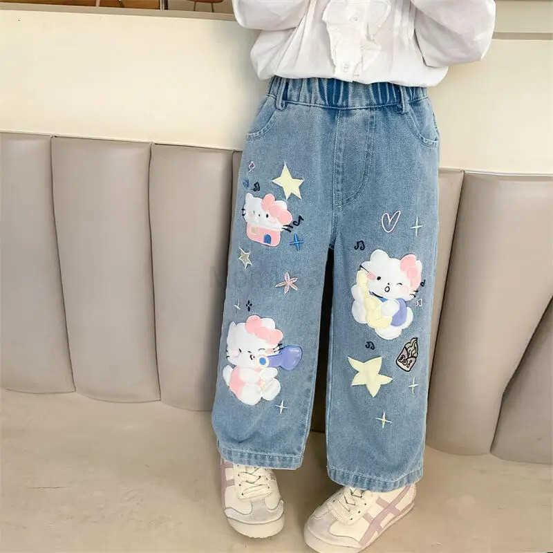 Sanrio Hello Kitty Jeans Girl Spring Autumn StraightLeg Pants Child Versatile Kawaii Anime Cartoon Fashion New Casual Clothing L250925