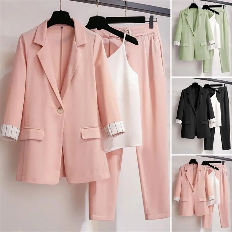 3 Pcs/Set Formal Single-button Blazer Vest Trousers Set Elastic Waist Notch Collar Women Business Outfit Meeting 240809