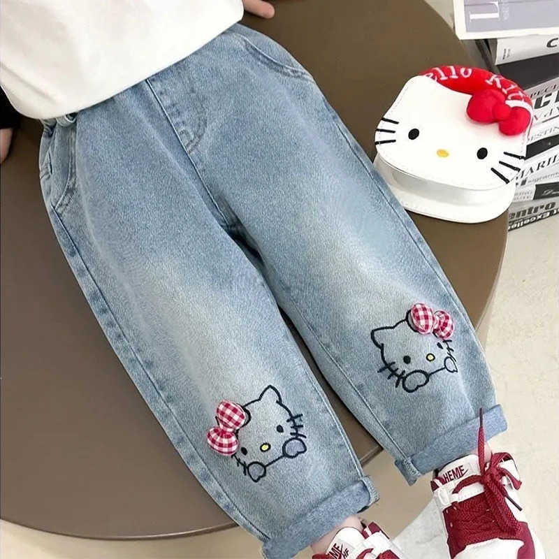 Sanrio Spring Autumn Children Cartoon Hello Kitty Denim Pants Baby Girls Loose Straight Jeans Kids Fashion Casual Trousers for 26Years L250925
