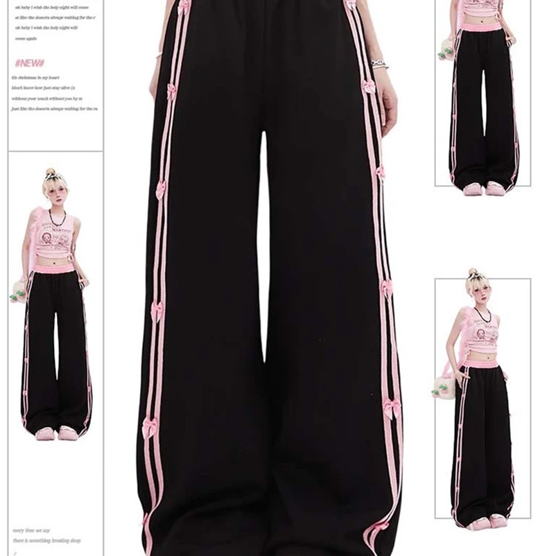 Womens Black Gothic Striped Pants Harajuku Streetwear Sweatpants Jogger Y2k 2000s Aesthetic Bow Pants Vintage Trousers Clothes 240530