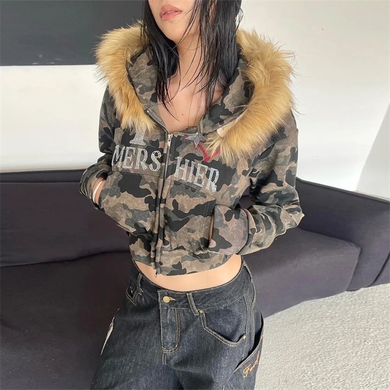 Streetwear Zipper Hoodie Camouflage Embroidered Glitter Y2K Womens Clothing Hip Hop Retro Harajuk Gothic Punk Cut Hoodie Sportswear 250422