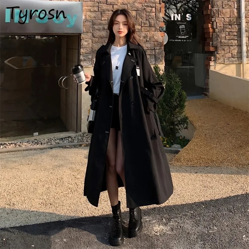 Black trench womens British style button brushed streetwear fashion OL casual autumn coat with warm pocket 250118