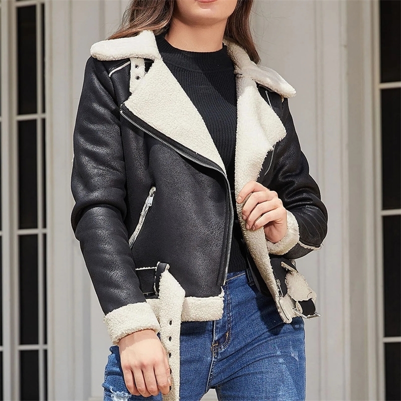Warm suede sheepskin jacket for winter womens thick short motorcycle jacket synthetic wool leather jacket carat chain cool jacket for womens jacket 24
