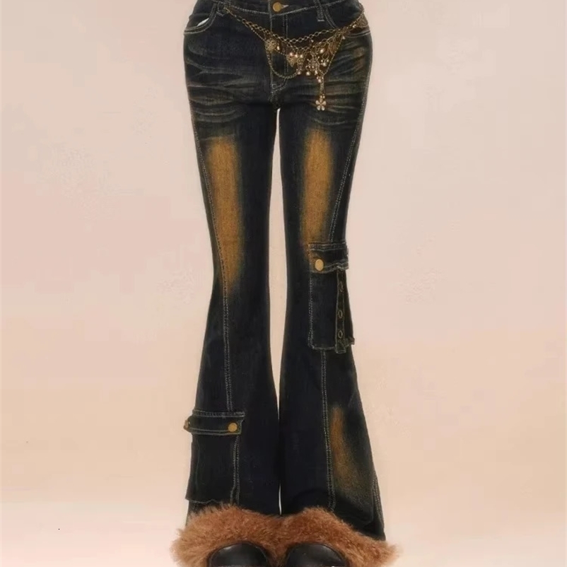 American Y2K retro plush splicing micro flash jeans womens Gyaru Y2K denim ultra-thin cargo pants cyberpunk Hip pop 2000s Tomboy 250225