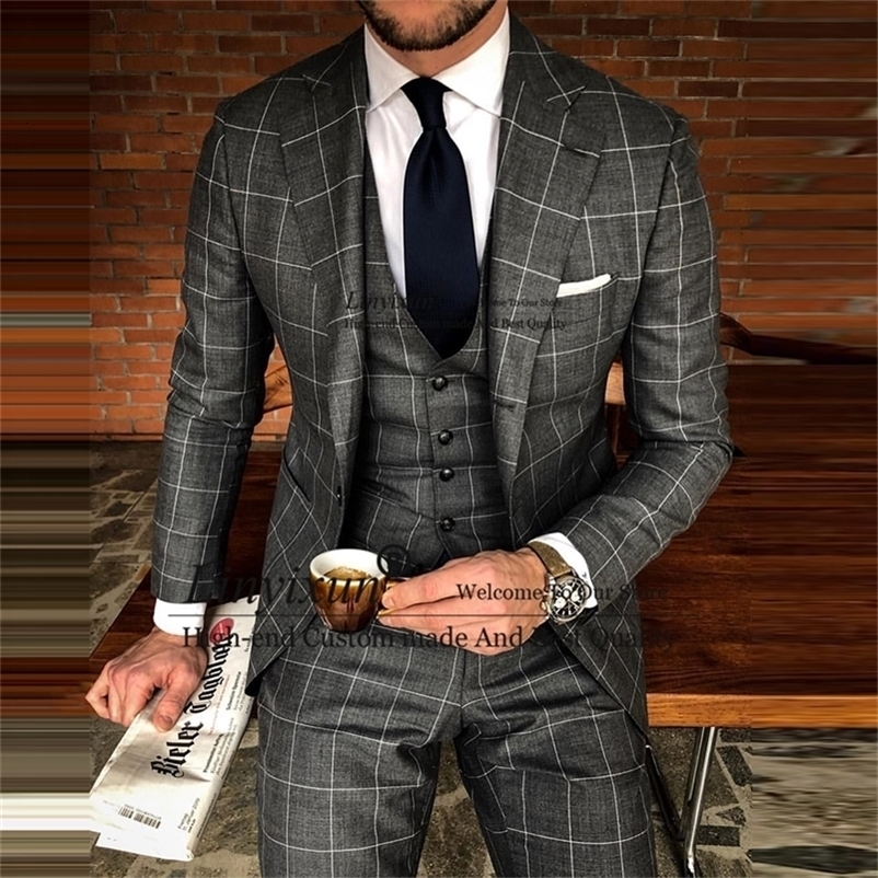 Men's Suits Blazers Fashion Plaid Mens Suits Slim Fit Formal Business Male Blazer 3 Piece Jacket Vest Pants Set Wedding Groom Tuxedo Costume Homm