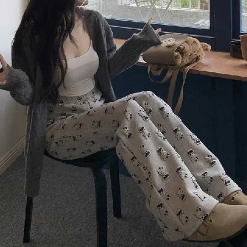 Sanrio Grey Hello Kitty Cartoon Printed Casual Pants For Women High Waisted Walking Trousers Slim Fit Straight Leg Micro Flared Pants L250925