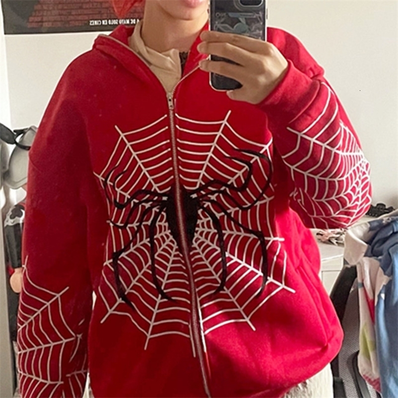 Men's Hoodies Sweatshirts Women Spider Web Graphic Hoodies Autumn Harajuku Hip Hop Casual Loose Hooded Sweatshirt Punk Gothic Grunge Zipper Y2K T