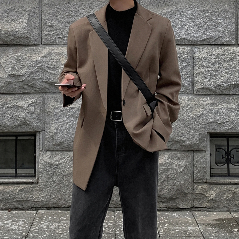 Oversized Korean Style Mens Loose Casual Small Suit Mens Autumn Padded Shoulder Suit Jacket Unisex Top 250321