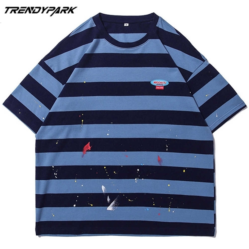 Men's T-shirt Summer Short Sleeve Striped Tee Hip Hop Oversized Cotton Casual Harajuku Streetwear Top Tshirts Clothing 210601