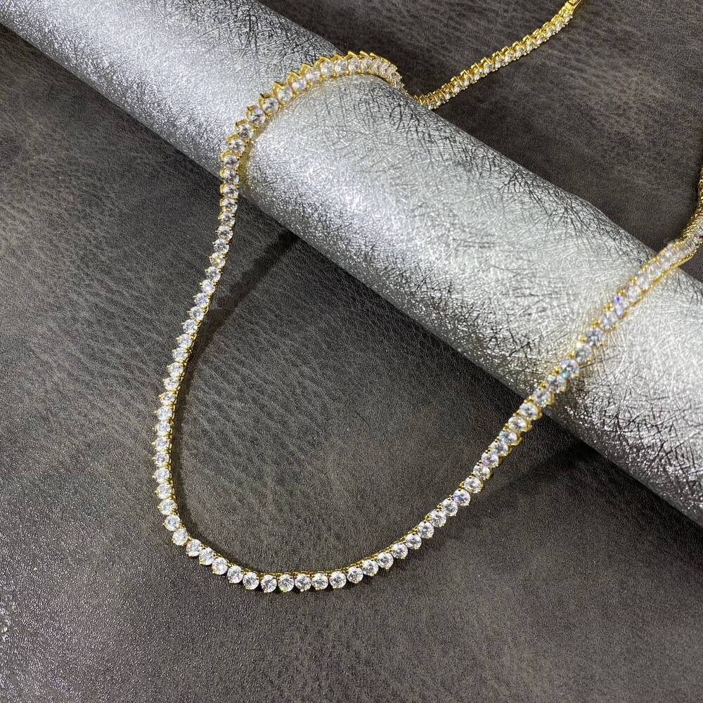 Hot Sell Hiphop Chain 4mm Setting CZ 3 Prong Tennis Chain Necklace Silver Color Yellow Moissanite Women Necklace