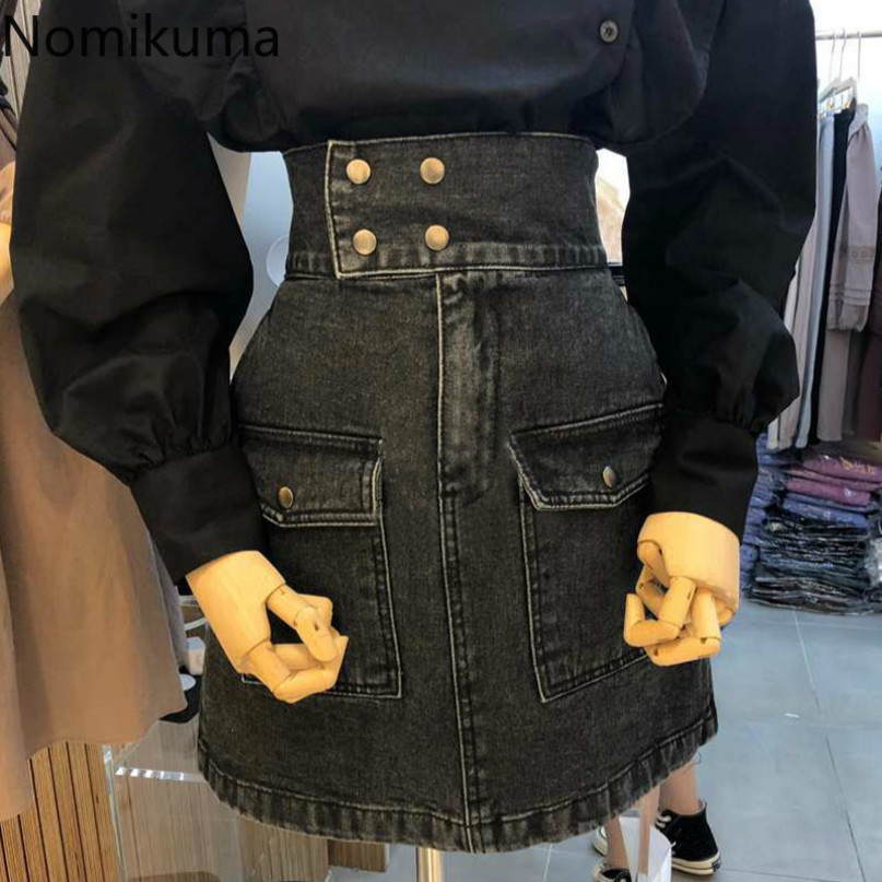 Nomikuma Korean Double Breatsed High Waist Jeans Skirt Autumn New Women Demin Skirts Sexy Elegant Jean Faldas Mujer 6C545 210427