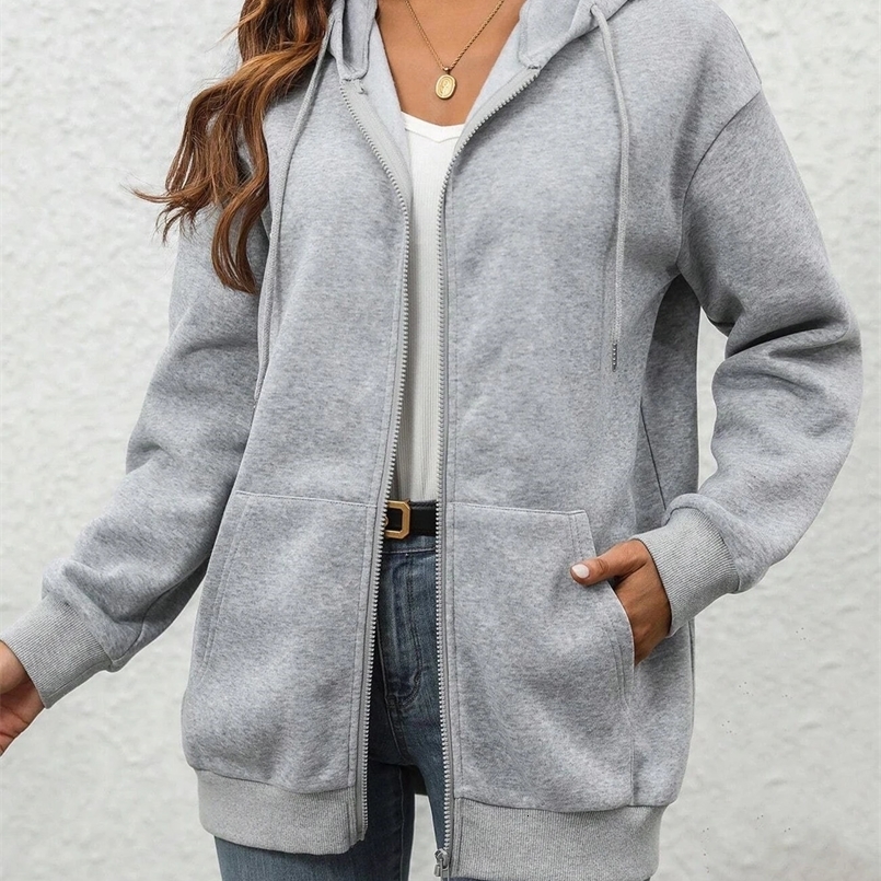 Solid Drawstring Hoodie For Women Autumn And Winter Velvet Long-sleeved Zip Sweatshirt 250206
