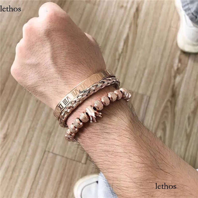 DHCollections Roman Letter Stainless Steel Men's Open Set Vintage King Crown Braided Bracelet for Men with 9 Beads 8f